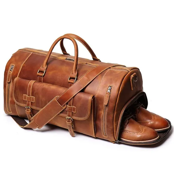 Craftshades:_20_Inch_Buffalo_Leather_Duffle_Bag_With_Shoes_Compartment|_100%_Genuine_Leather