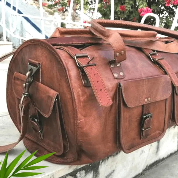 Craftshades_-_3_Outer_Pockets_24"_(Expandable)_Edge_Handcrafted_Duffle_Goat_Leather_Bag_|_100%_Genuine_Leather
