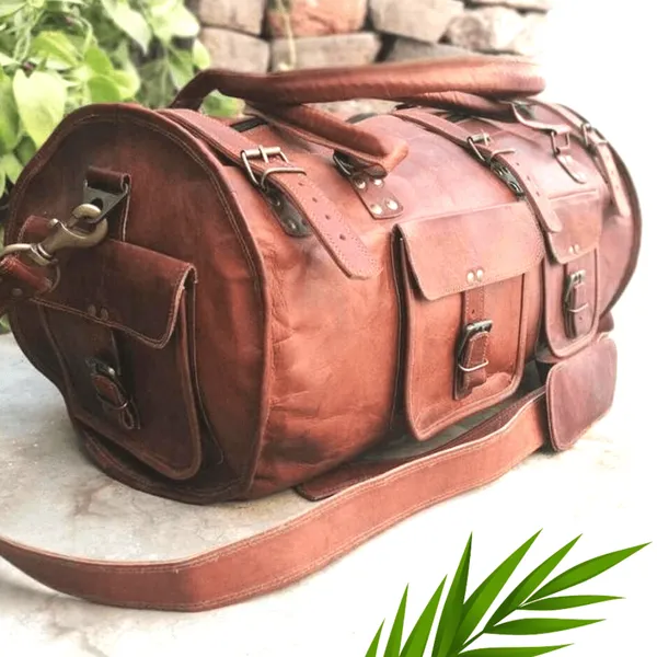 Craftshades_-_3_Outer_Pockets_24"_(Expandable)_Edge_Handcrafted_Duffle_Goat_Leather_Bag_|_100%_Genuine_Leather
