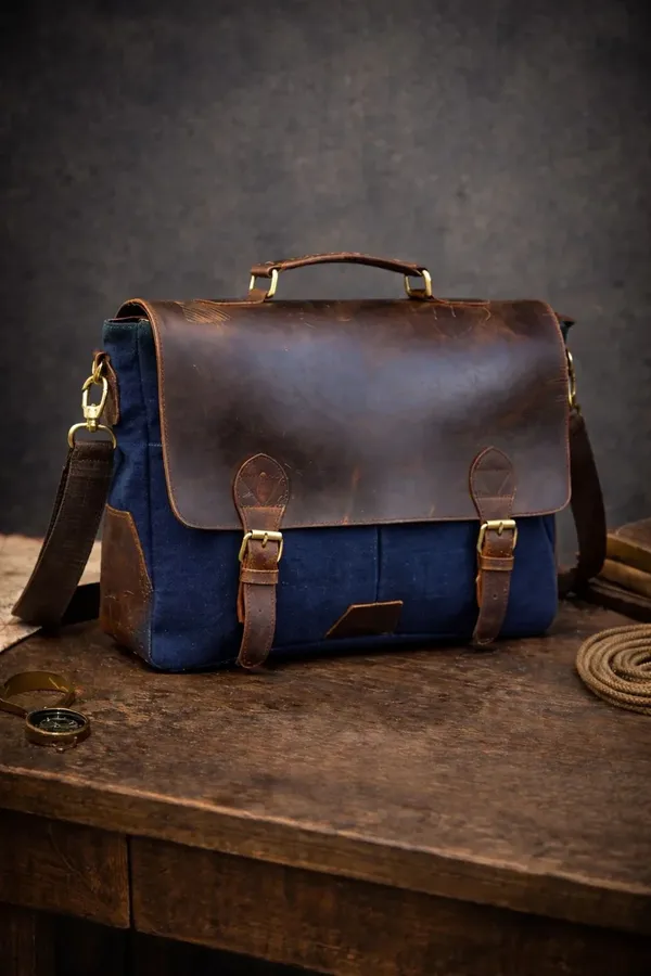 Craftshades_–_11*15"_Handcrafted_Canvas+_Goat_Leather_Laptop_Bag_(Brown)_|_100%_Genuine_Leather