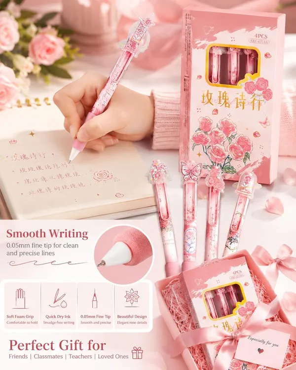 Pink_Floral_Retractable_Decorative_Pen_Set_Of_4