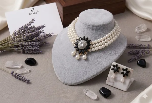 MULTY_STRAND_PERL_CHOKER_WITH_BLACK_FLOWER_PENDANT