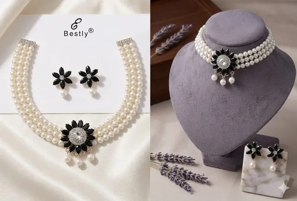 MULTY_STRAND_PERL_CHOKER_WITH_BLACK_FLOWER_PENDANT
