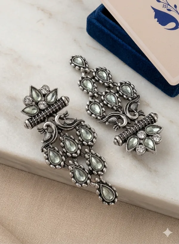 OXIDIZED_SILVER_PEACOCK_CHANDELIER_EARRINGS