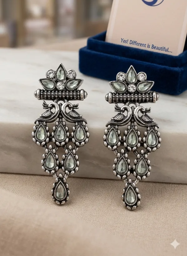 OXIDIZED_SILVER_PEACOCK_CHANDELIER_EARRINGS
