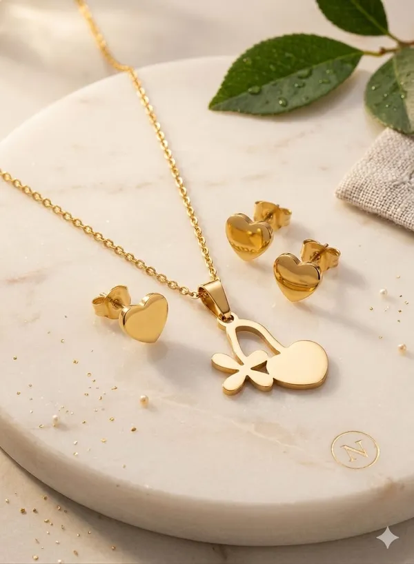 GOLD_CHERRY_NECKLACE_AND_EARRING_SET(STAINLESS_STEEL)