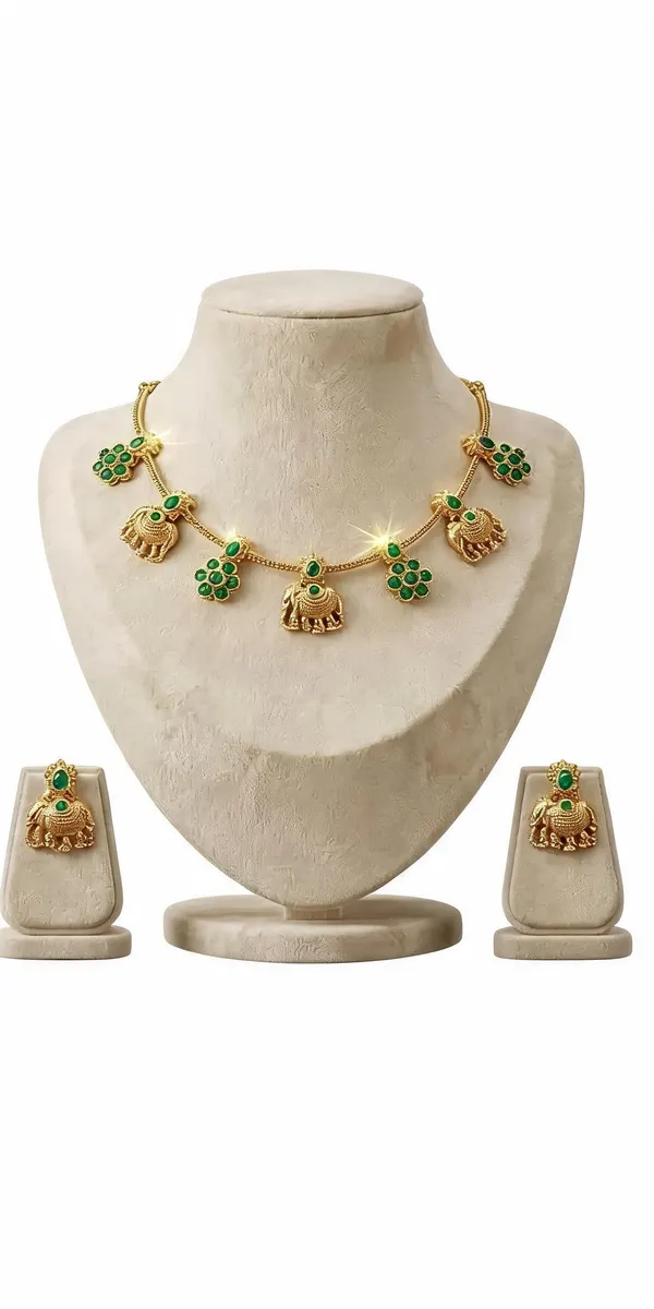 Gold_Tone_Brass_Green_Stone_Elephant_Floral_Necklace_Set_For_Women