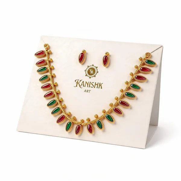 Gold_Tone_Brass_Red_Green_Stone_Leaf_Motif_Necklace_Set_For_Women