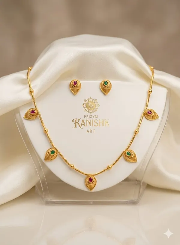 Gold_Brass_Green_Stone_Leaf_Pendant_Necklace_Earring_Set_For_Women