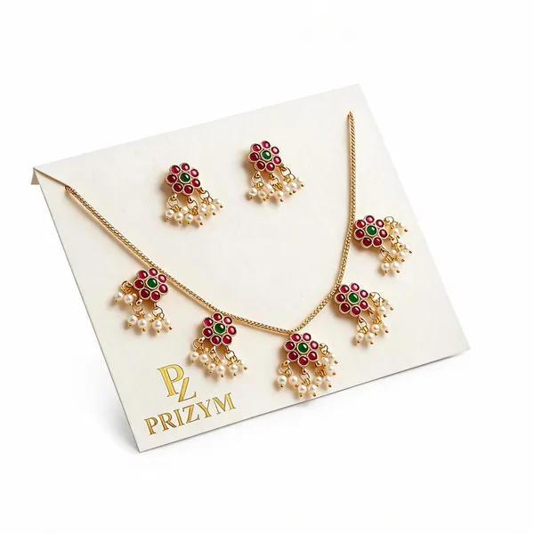 Gold_Plated_Brass_Ruby_Emerald_Pearl_Floral_Necklace_Set_For_Women
