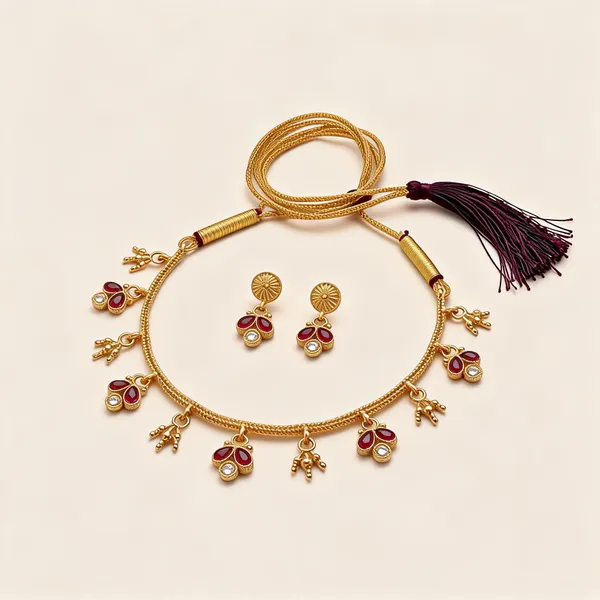 Gold_Plated_Ruby_Crystal_Traditional_Tassel_Necklace_Set_For_Women