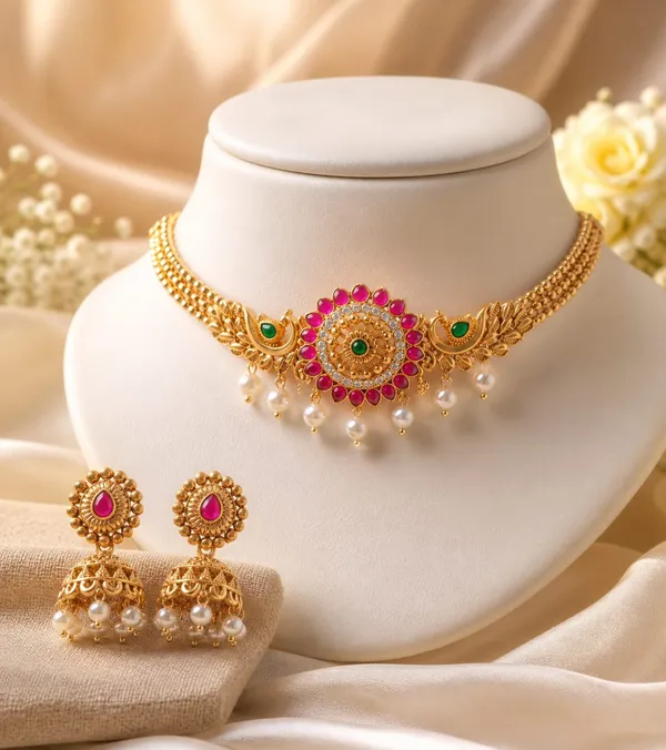GOLDEN_PLATED_CHOKER_NECKLACE_AND_EARRINGS_SET