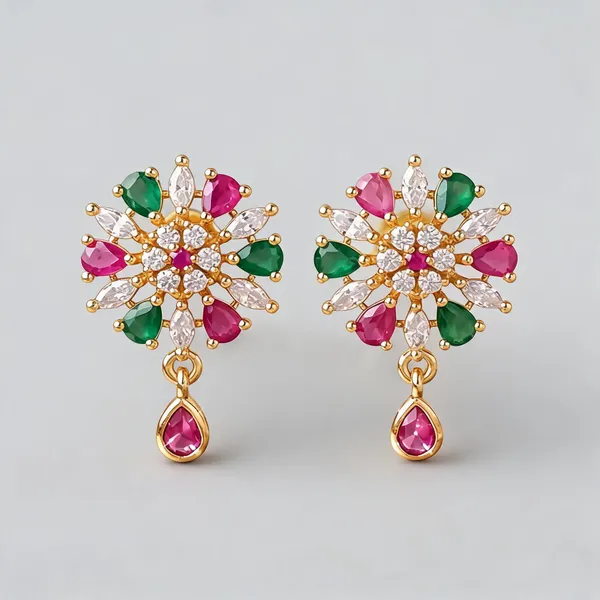 Gold_Plated_Brass_Ruby_Emerald_Cubic_Zirconia_Floral_Stud_Earrings_For_Women