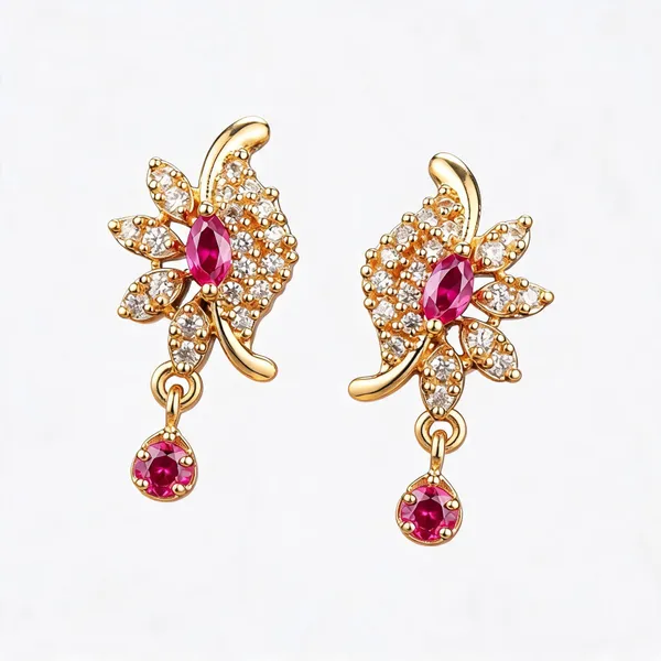Gold_Plated_Brass_Floral_Pink_Gemstone_Dangle_Earrings_For_Women