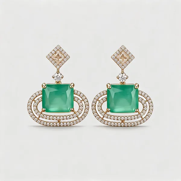 Gold_Brass_Emerald_Diamond_Oval_Frame_Dangle_Earrings_For_Women