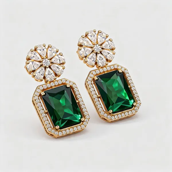 Green_Gold_Tone_Emerald_Cz_Flower_Drop_Earrings_For_Women
