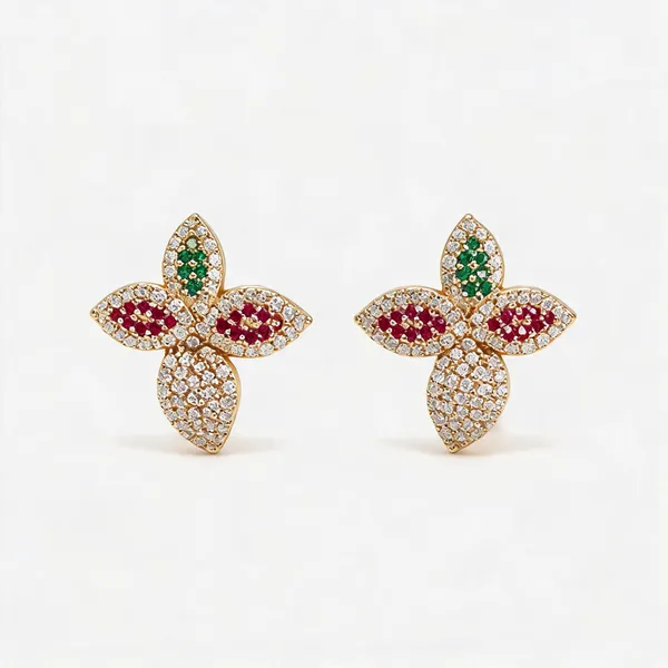 Gold_Plated_Brass_Floral_Ruby_Emerald_Cubic_Zirconia_Stud_Earrings_For_Women