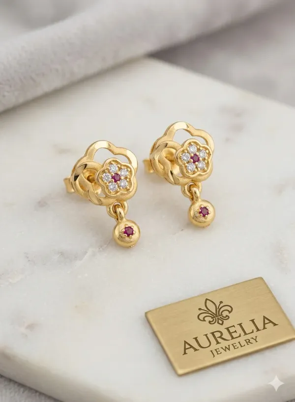 GOLD_PLATED_FLOWER_EARRINGS_WITH_RUBY_AND_DIAMO