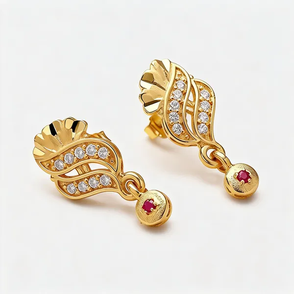 Gold_Plated_Brass_Diamond_Ruby_Leaf_Motif_Dangle_Earrings_For_Women