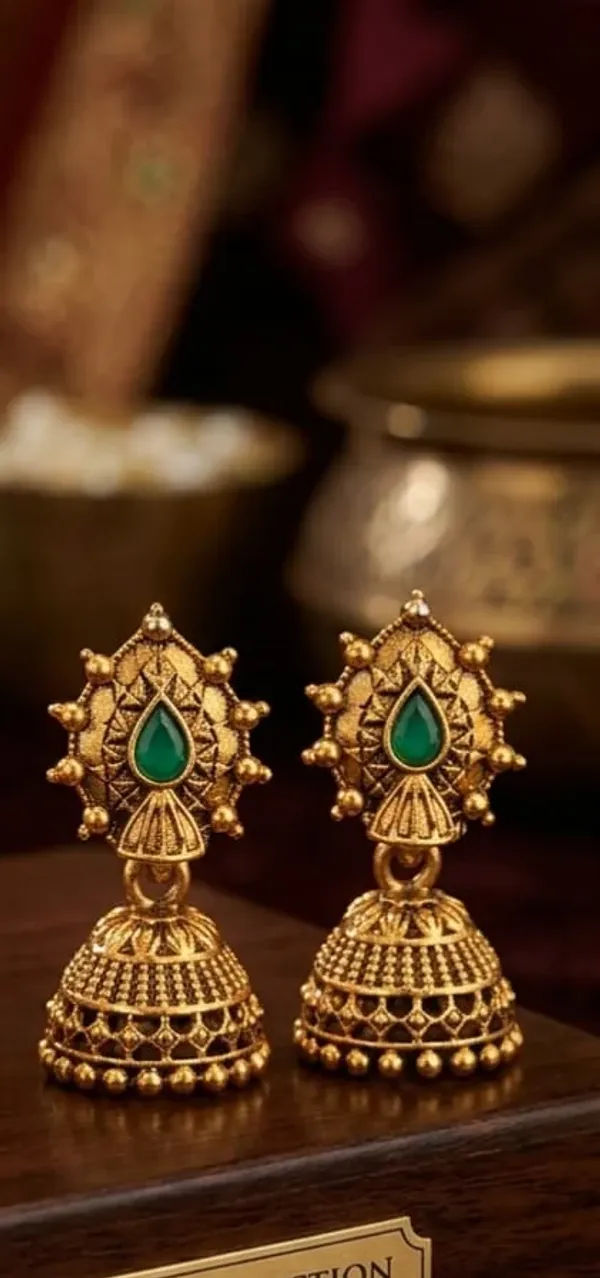 GOLD_PLATED_JHUMKA_EARRINGS_WITH_GREEN_STONE