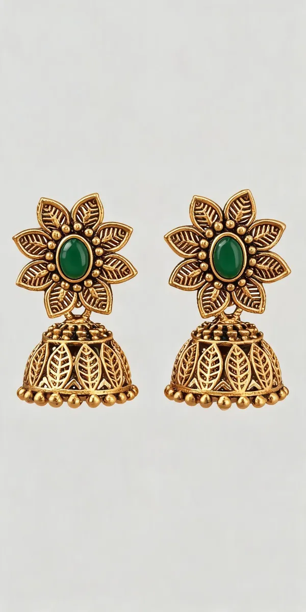 Gold_Plated_Brass_Floral_Green_Stone_Jhumka_Earrings_For_Women