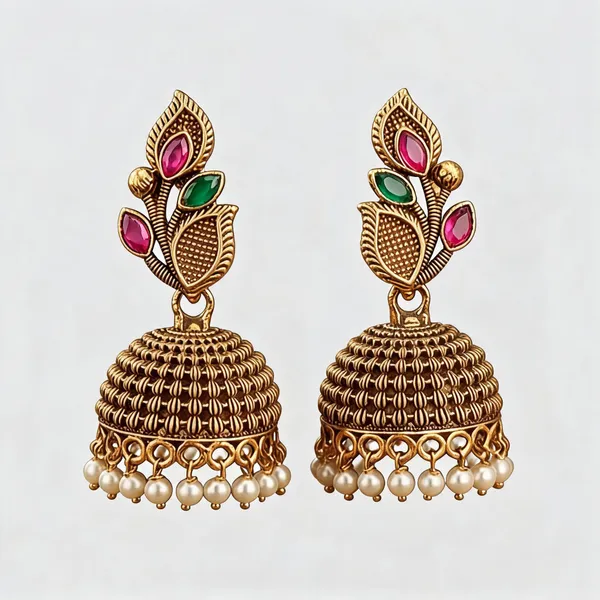 Multicolor_Brass_Antique_Gold_Plated_Traditional_Jhumka_Earrings_For_Women