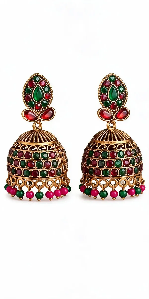 Multicolor_Gold_Plated_Red_Green_Stone_Beaded_Jhumka_Earrings_For_Women