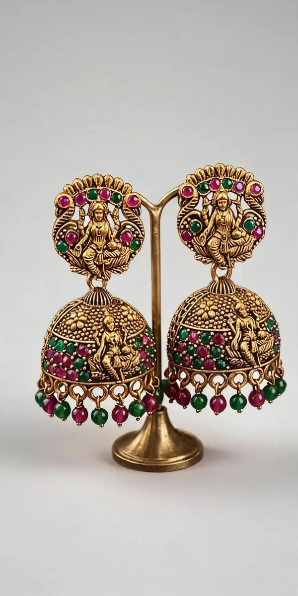 Multicolor_Antique_Gold_Plated_Deity_Motif_Ruby_Emerald_Jhumka_Earrings_For_Women