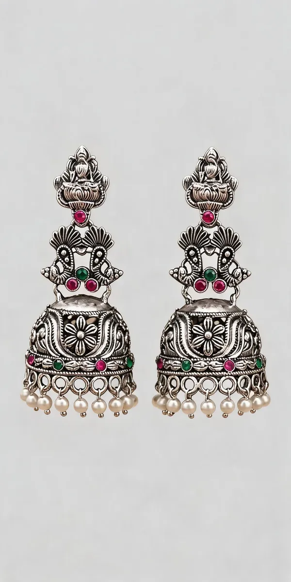 Oxidized_Silver_Alloy_Peacock_Motif_Pink_Green_Stone_Jhumka_Earrings_For_Women