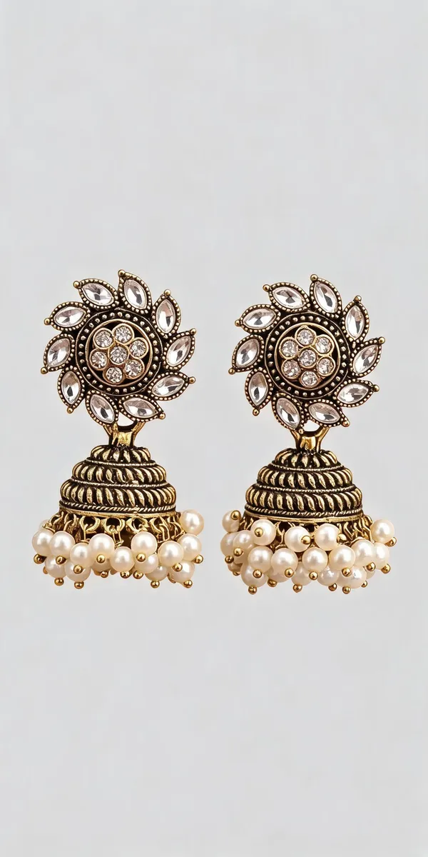 Multicolor_Antique_Gold_Plated_Crystal_Pearl_Drop_Jhumka_Earrings_For_Women