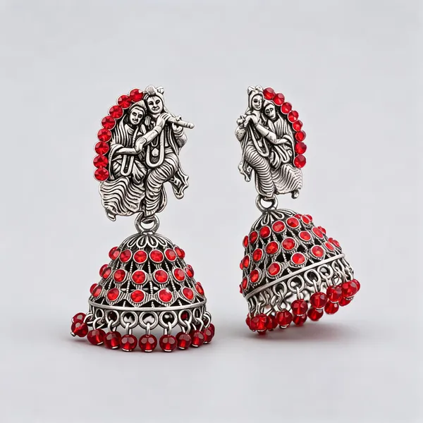 Silver_Brass_Radha_Krishna_Red_Stone_Jhumka_Earrings_For_Women