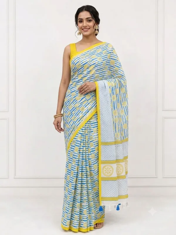 Blue_&_Yellow_Printed_Saree_with_Decorative_Pallu