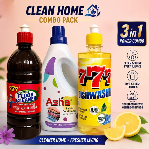 777_Fresh_Lemon_Dishwash_Gel_+_Asha_Lime_Fresh_Fabric_Conditioner_After_Wash_1_Ltr_+_777_Camphor_Premium_Concentrate_Floor_Cleaner_Combo_Set
