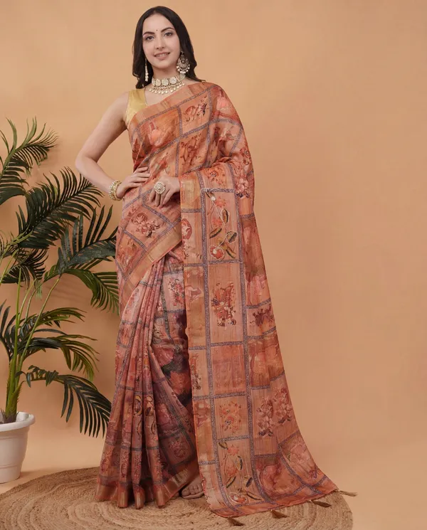 Rust_Amarveli_Silk_Zari_Printed_Tassel_Saree_For_Women