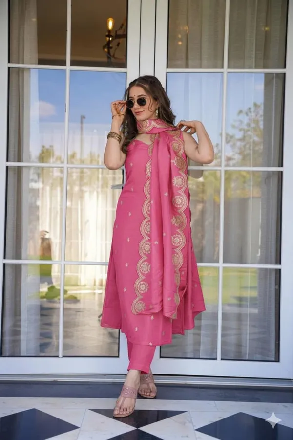 Pink_Chanderi_Silk_Straight_Printed_Kurta_Set_For_Women