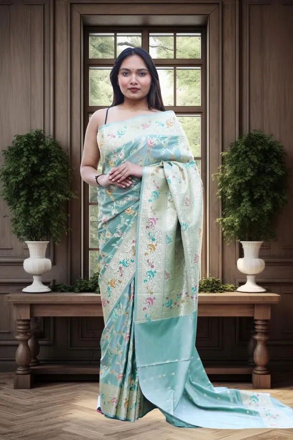 Mint_Katan_Silk_Meenakari_Floral_Print_Saree_For_Women
