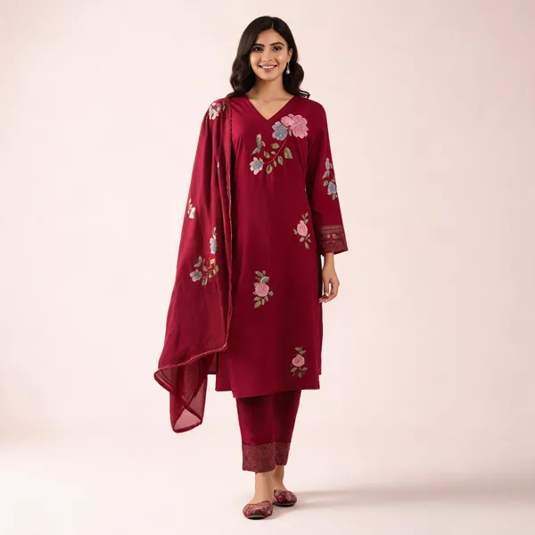 Maroon_Chanderi_Silk_Straight_Embroidered_Kurta_Set_For_Women