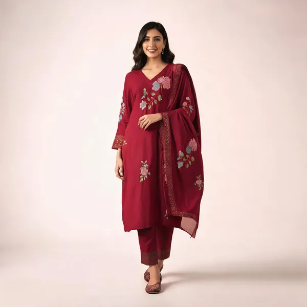Maroon_Chanderi_Silk_Straight_Embroidered_Kurta_Set_For_Women