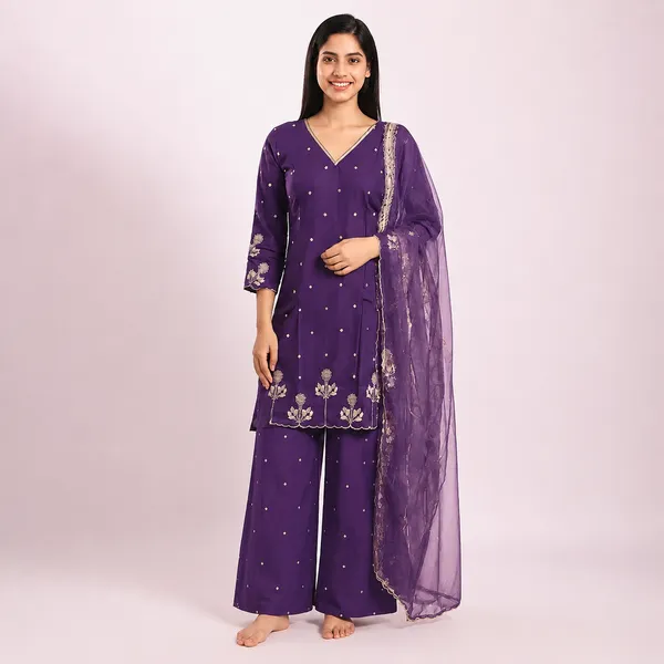 Purple_Chanderi_Silk_Straight_Embroidered_Kurta_Set_For_Women