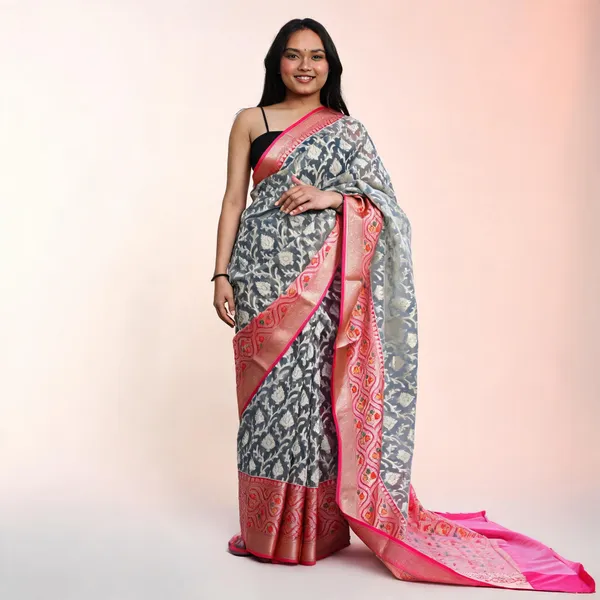 Grey_Silk_Organza_Floral_Print_Pink_Border_Saree_For_Women