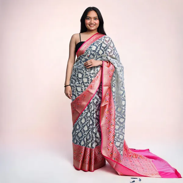 Grey_Silk_Organza_Floral_Print_Pink_Border_Saree_For_Women