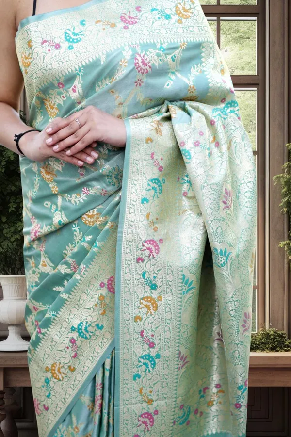 Mint_Katan_Silk_Meenakari_Floral_Print_Saree_For_Women