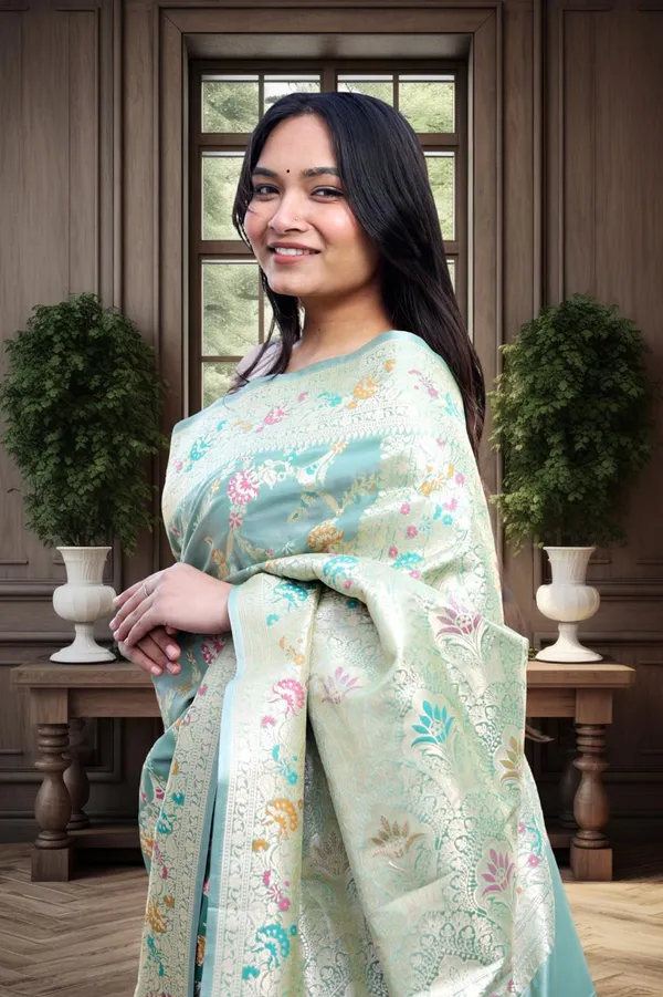 Mint_Katan_Silk_Meenakari_Floral_Print_Saree_For_Women