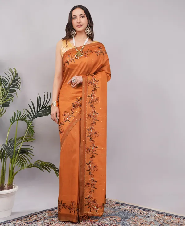 Orange_Jhakat_Silk_Zari_Floral_Print_Saree_For_Women
