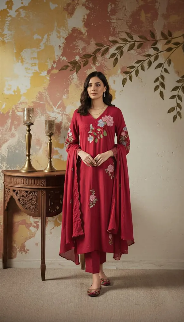 Maroon_Chanderi_Silk_Straight_Embroidered_Kurta_Set_For_Women