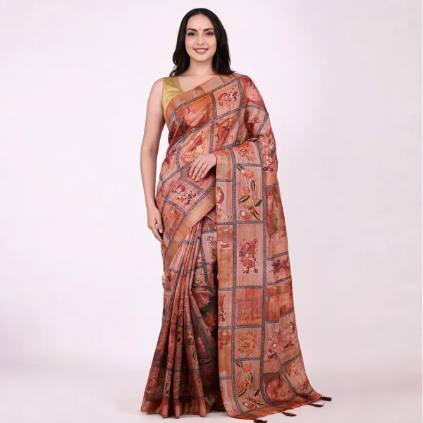 Rust_Amarveli_Silk_Zari_Printed_Tassel_Saree_For_Women