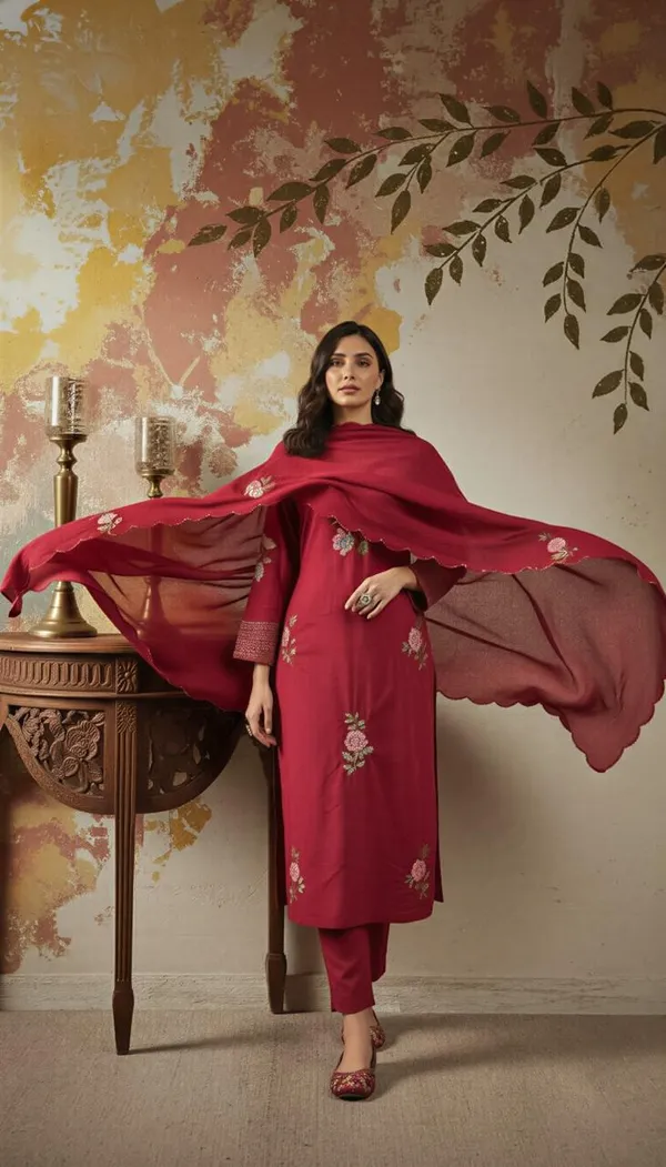 Maroon_Chanderi_Silk_Straight_Embroidered_Kurta_Set_For_Women