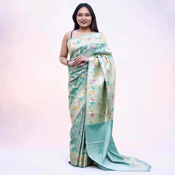 Mint_Katan_Silk_Meenakari_Floral_Print_Saree_For_Women