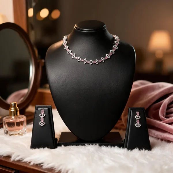 Silver_Brass_Pink_Stone_Necklace_And_Earrings_Set_For_Women