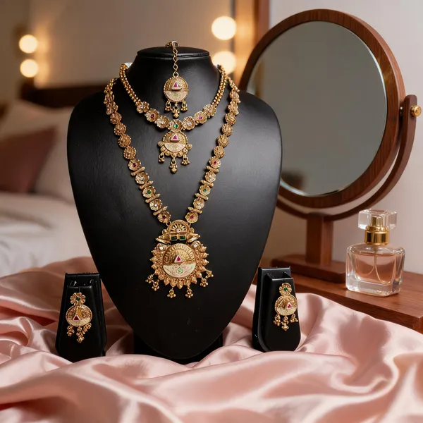 Golden_Brass_Green_Pink_Stone_Bridal_Jewellery_Combo_Set_For_Women